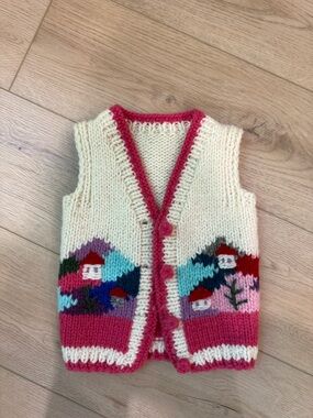 Vintage Hand-Knit Cream and Pink Children's Vest